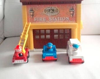 Vintage Fisher Price Play Family Fire Station House with 1 fire truck police car and ambulance