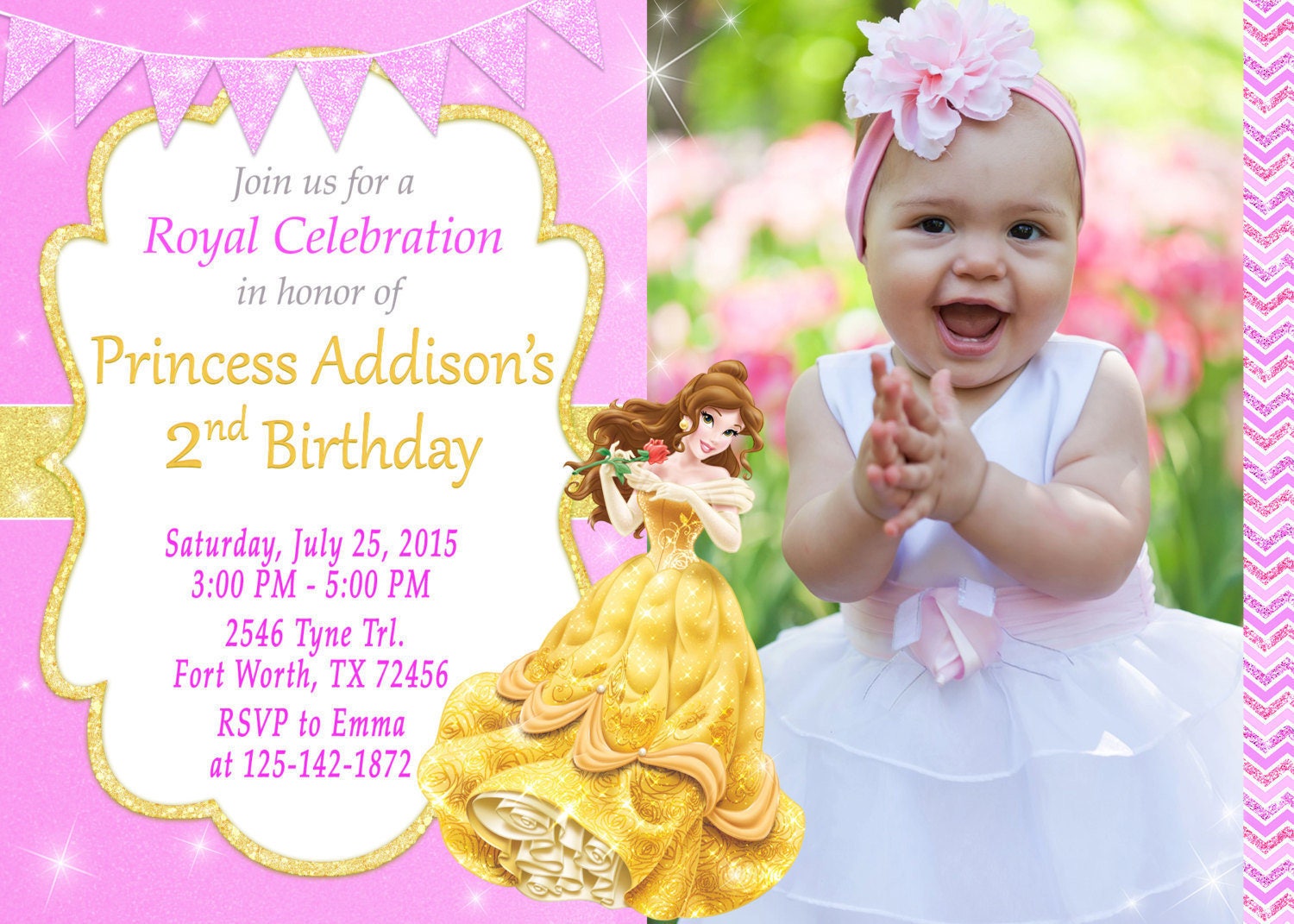 Princess Belle Invitation Princess Belle Birthday Princess