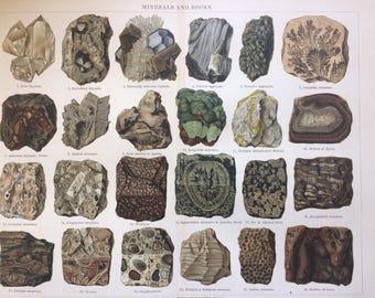 1904 Minerals and Rocks Original Antique Print - 10 x 12 inches - Mineralogy - Wall Decor - Lava - Agate - Jasmine - Available Framed