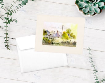 Pony Club Hack Equestrian Country Landscape Print Riders Crumbling Stables Bridge Autumn Greens Wild Vegetation Watercolour Keepsake Card