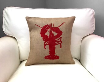 Lobster Pillow, Burlap Pillow, Nautical Nursery Decor, Lake Decor, Cabin Decor, Lobster Silhouette, Ocean Decor