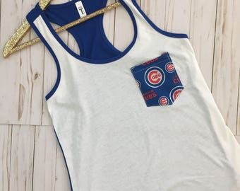 Tank Top with Chicago Cubs Pocket, Chicago Cubs Racerback, Blue & White Racerback