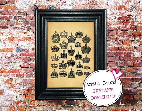 Antique Crowns Instant download | Vintage Paper Monarch Headgear Print Design | Old Crowns Book Illustration | Just Download and Print #0009