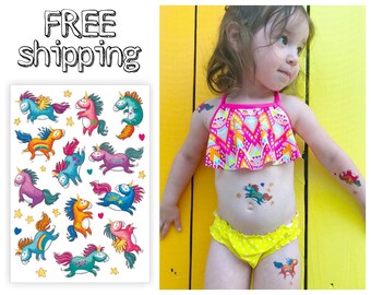 Temporary tattoos set «Rainbow unicorns» with little pony, unicorn, ranbow kids tattoos. Skin safe and long lasting body stickers. TA055