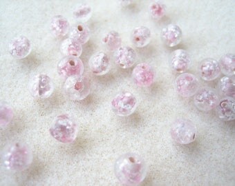 Pink glass beads (30pcs), pink foil beads, 6mm glass beads,, 6mm pink beads, silver foil glass, pink and silver, round pink glass