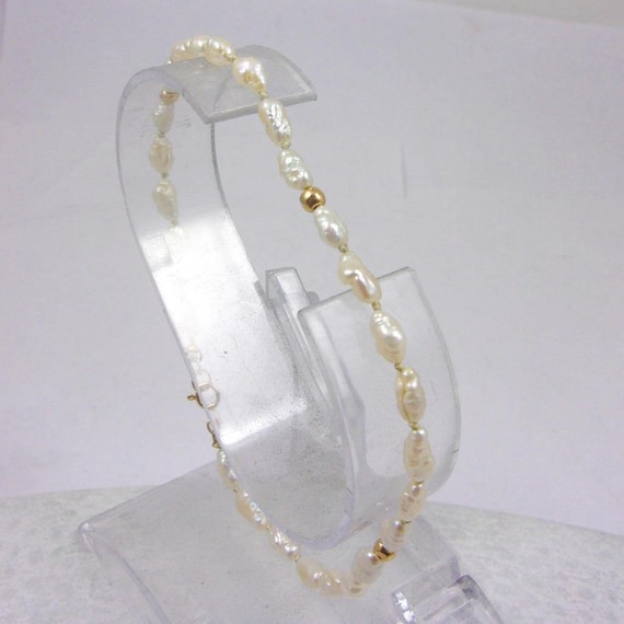 Solid 14K Yellow Gold and Pearl Bracelet, 8", 3.4mm, 2.9 grams