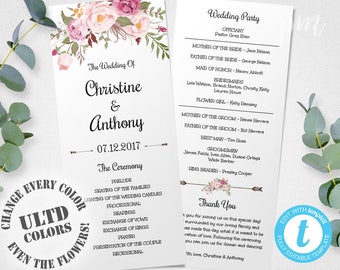 Wedding Program Template, Instant Download, Bohemian Floral Wedding Program, Edit in Our Web App, Printable Ceremony Program
