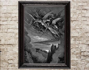 Paradise Lost, Gustave Dore, fallen angels, hell, inferno, engraving, occult, gothic, art print, black and white, demonic, satanic, art, 199