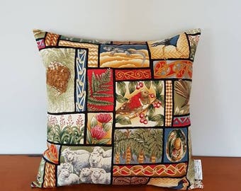 New Zealand, Kiwiana, cushion cover, 16x16 inches pillow cover, Native New Zealand birds, Maori designs. New, made in New Zealand, souvenir