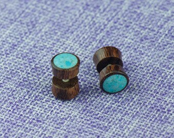 Fake Gauge Earrings, "Turquoise" Wood Plugs with Crushed Blue Stone Inlay, Naturally Organic, Hand Carved, Tribal