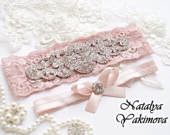 Wedding Garter Set, Bridal Garter, Crystal Garter, Rhinestone Garter, Toss Garter, bride's garter, forbride, wedding, white, ivory, pink
