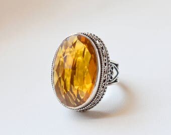 Size 8.5 Vintage Style Citrine Ring - 925 Sterling Silver Ring - Citrine Quartz Ring - Women Jewelry gift #16