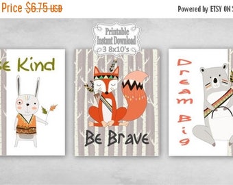 SALE Printable Tribal Woodland Animals Nursery Wall Art Decor Be Kind Brave Dream Big Bear Fox Rabbit Baby ~ DIY Instant Download ~ 3 8x10 P
