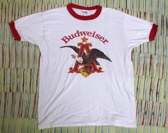 Vintage 80s Budweiser Ringer Tee Shirt, Size Large