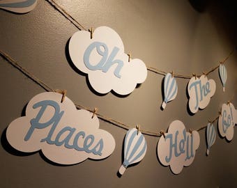 oh the places you'll go birthday, hot air balloon decorations, cloud party decorations, shower garland, cloud banner, cloud bunting