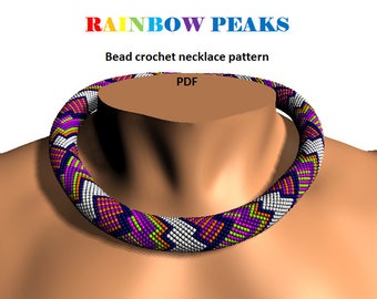 Rainbow Peaks. Bead crochet rope pattern, PDF pattern, beaded necklace, bead crocheting, pink blue orange, ornamental pattern, zigzags