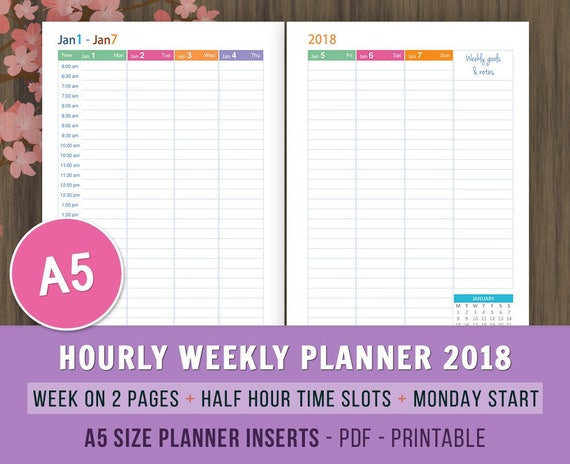 2018 hourly weekly planner a5 planner inserts week on 2