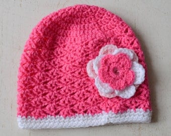 Cute baby hat with its flower pink and white birthday gift