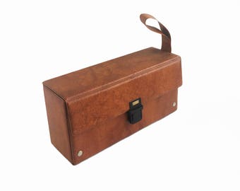 Vintage Cassette Tape Holder, Brown Wristlet Box, Mid Century Small Carrying Case, Retro Storage, Leather Look
