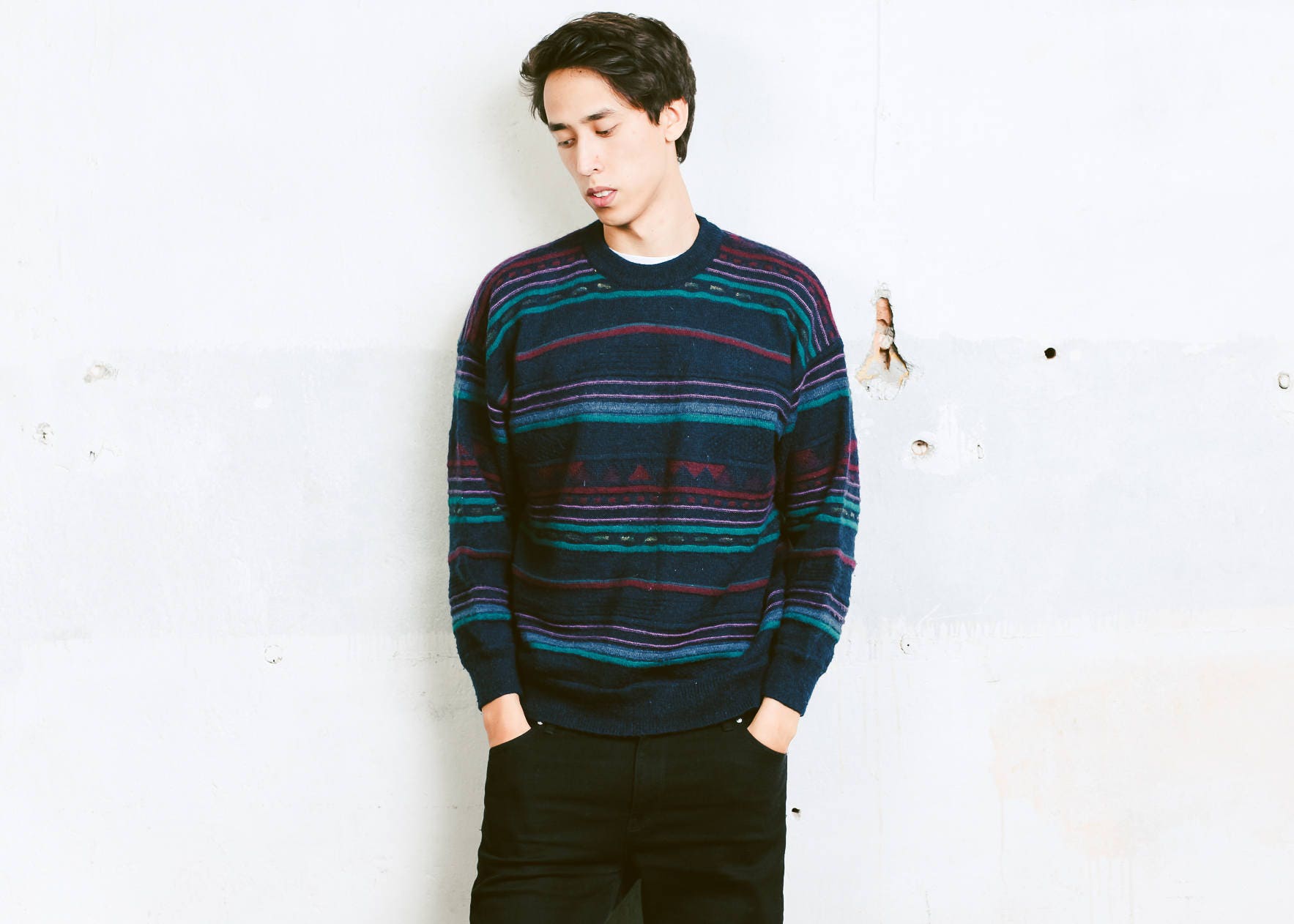 Vintage 90s Striped Sweater Mens Grunge Blue Wool Winter Pullover Coogi Style Knit Gift For Man Size Medium Vintage 90s Striped Sweater Mens Grunge Blue Wool Winter Pullover Coogi Style Knit Gift For Man Size Medium