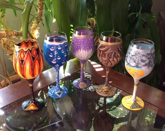 Wicca Elements Hand Painted Wine Glasses (set of 5) Fire, Earth, Air, Water & Spirit Magic, Pagan Quarters for Altar