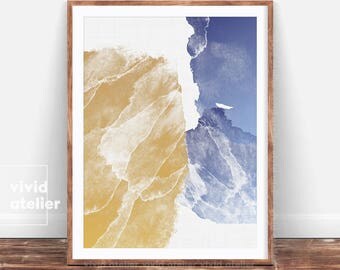 Watercolor Wall Art Print, Abstract Painting, Abstract Print, Modern Minimalist, Gold Blue Decor, Printable Digital Download, Large Poster