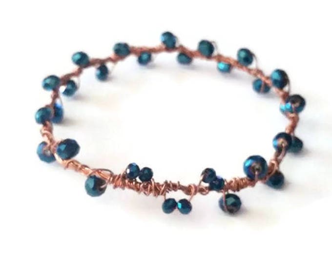 Copper Beaded Bangle Bracelet, Blue Czech Beaded Bangle, Blue & Copper Bracelet, Unique Birthday Gift, Gift for Her