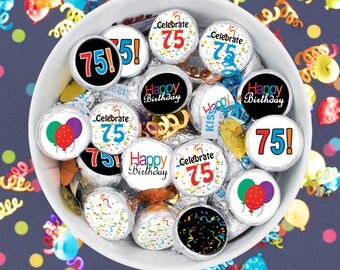 Multicolored 75th Milestone Birthday Candy Sticker Labels, 75 Happy Birthday Party Favor Stickers, 75th Birthday Party Supplies - Set of 324