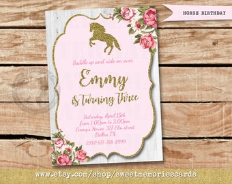 Horse Birthday Invitation, Horse Invitation Floral Pink and Gold, Equestrian Birthday, Pony Birthday Invitation, Shabby Chic PRINTABLE