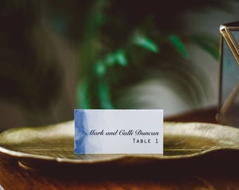 Navy Blue Watercolor Place Card Template, Printable Place Cards, Watercolor Wedding Place Cards