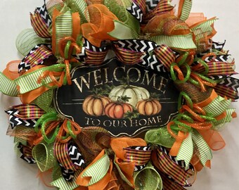 Fall Welcome Wreath, Fall Wreath, Deco Mesh Fall Wreath, Fall Front Door Wreath, Welcome Wreath, Fall Decor, Thanksgiving Wreath
