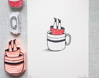 coffee 'limited edition handprinted linoprint'