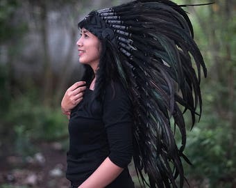 ON SALE ,Indian Headdress, Black Feather Headdress, Native American Warbonnet, Rooster Warbonnet, Chief Warbonnet, Indian Headdress