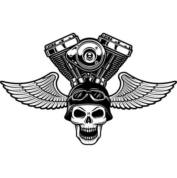 Motorcycle Logo 2 Skull Engine Wings Bike Biker Mechanic