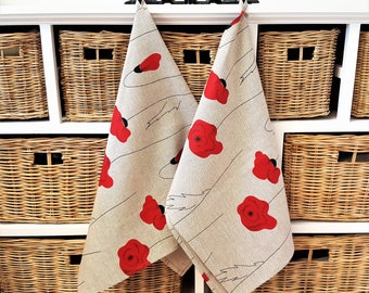 Handmade Poppies Tea Towels Kitchen Towels Dish Towels.