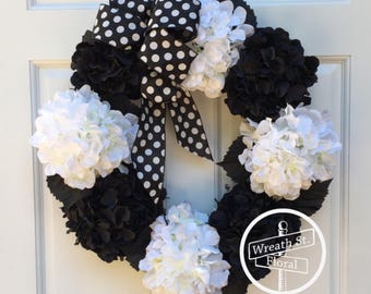 Hydrangea Wreath, Black White Wreath, Front Door Wreath, Grapevine Wreath, Wreath Street Flroal, Everyday Wreath, All Season Wreath