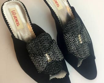 black glitter mules