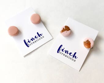 Blush pink and copper clip-on earrings, handmade from polymer clay