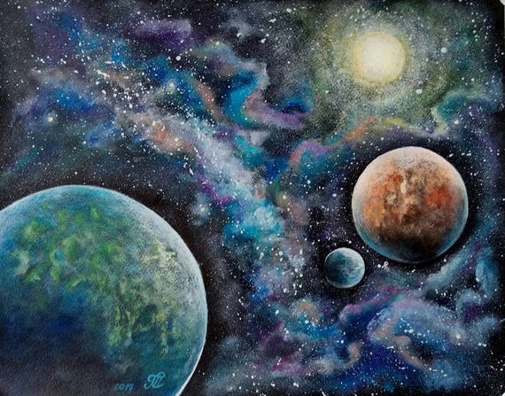 Space painting acrylic painting on watercolor paper