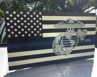 Thin Blue Line Wood Flag Marine Corps USMC Air Force Army Navy Wood Police Flag Cop Fireman Firemen Thin Red Line Wooden Flag US Flag
