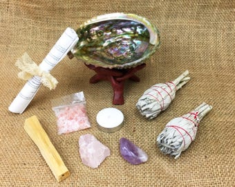 10 Piece Large Smudge Kit: 2 White California Sage, Abalone Shell, Wood Stand, Palo Santo, Amethyst, Rose Quartz, Candle Salt + Instructions