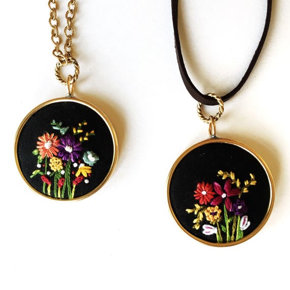 Valentine Gift Embroidered necklace wildflower pendant in