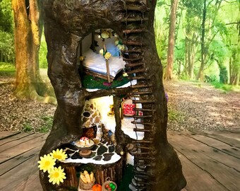 DAINTY DWELLING Fairy House, dolls house, mouse house, tree trunk house for fairies, pixies and woodland folk. Handmade fairy houses.