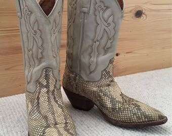 Vintage Womens DAN POST Snakeskin Cowboy Boots Size 7 White Grey Beige