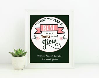 Secret Garden Hand Lettered Book Quote - "Where You Tend a Rose..." 8x10 Digital Hand Lettered Printable on Green Background