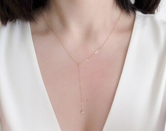 Free shipping! Lariat necklace, Gold Filled necklace, delicate CZ solitaire necklace, Y necklace, everyday layering necklace, dainty necklac
