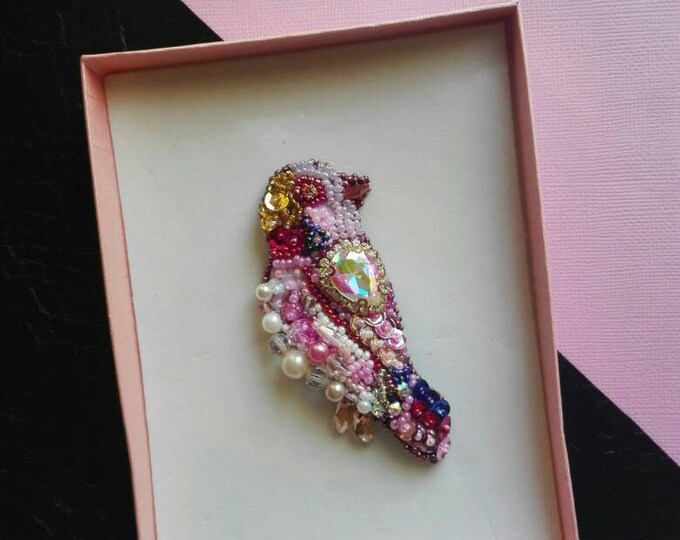 Brooch bird of paradise pink brooch beads, brooch bird, handmade brooch. Embroidery Brooch Beaded. Bird Jewelry Gift for her for women