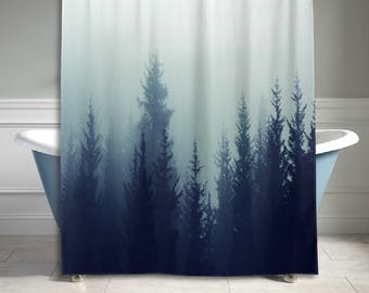 Mystic Forest Trees Shower Curtain Rainy Foggy Gray Scene Print Bathroom Decor Home Decor