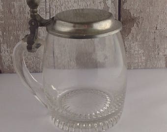 Vintage Pewter Lidded Glass Stein , Rein Zinn Lidded Glass Stein