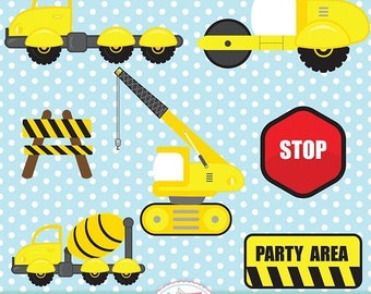 ON SALE Construction Clipart Equipment Cement Trucks Dump Truck Excavator Crane Bulldozer Signs Under Construction Party Printable Vector EP
